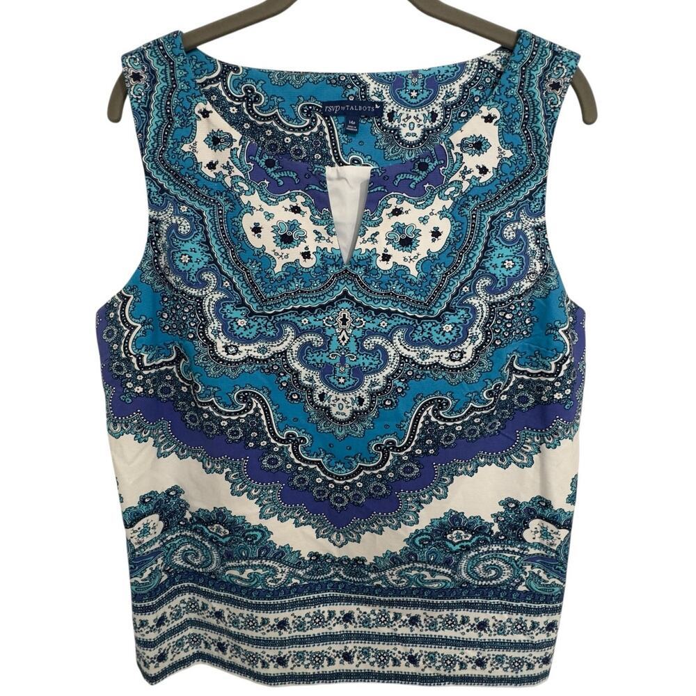 rsvp by Talbots Top Womens 14P Blue Floral Cotton Blend Stretch Lined Side Zip